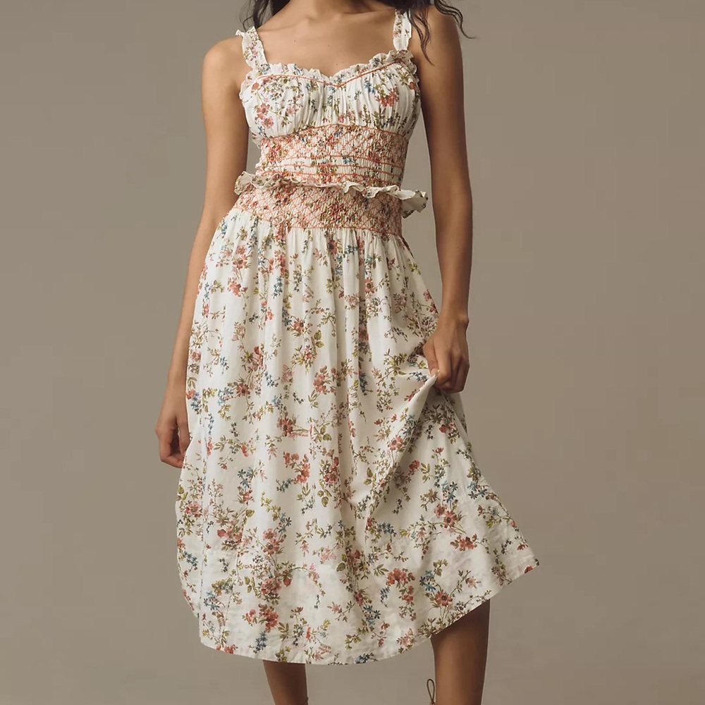 By Anthropologie Sleeveless Smocked-Waist Ruffled Midi Dress